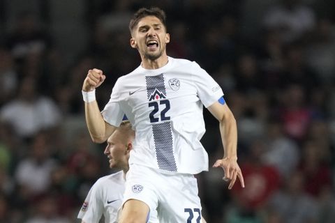 Slovenia's Adam Gnezda Cerin celebrates after scoring his side's opening goal during the UEFA Nations League soccer match between Slovenia and Serbia at Stozice stadium in Ljubljana, Slovenia, Sunday, June 12, 2022. (AP Photo/Darko Bandic)