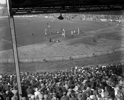 General view of the action as Chelsea defend