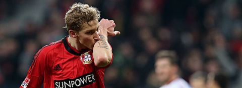 LEVERKUSEN, GERMANY - DECEMBER 01:  Stefan Kiessling of Leverkusen celebrates scoring the first goal with Andre Schuerrle during the Bundesliga match between Bayer 04 Leverkusen and 1. FC Nuernberg at  BayArena on December 1, 2012 in Leverkusen, Germany.  (Photo by Friedemann Vogel/Bongarts/Getty Images)