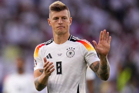 Germany's Toni Kroos walks off the pitch after a quarter final match between Germany and Spain at the Euro 2024 soccer tournament in Stuttgart, Germany, Friday, July 5, 2024. (AP Photo/Manu Fernandez)