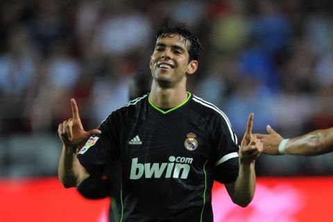 SEVILLE, SPAIN - MAY 07:  Kaka of Real Madrid celebrates after he scored Real's third goal during the La Liga match betweenevilla and Real Madrid at Estadio Ramon Sanchez Pizjuan on May 7, 2011 in Seville, Spain.  (Photo by Denis Doyle/Getty Images)