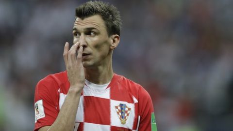 Croatia's Mario Mandzukic gestures after the final match between France and Croatia at the 2018 soccer World Cup in the Luzhniki Stadium in Moscow, Russia, Sunday, July 15, 2018. (AP Photo/Natacha Pisarenko)