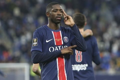 PSG's Ousmane Dembele celebrates after he scored during the French Super Cup final match between Paris Saint Germain and Monaco in Doha, Qatar, on Sunday, Jan. 5, 2025.(AP Photo/Hussein Sayed)