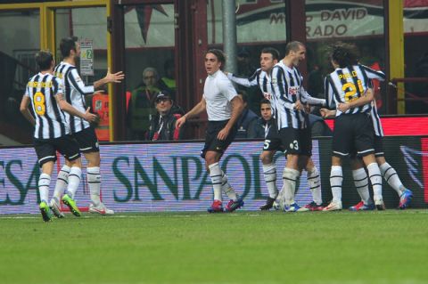 Juventus forward Alessandro Matri (C) celebrates after scoring on February 25, 2012 during a Serie A football match against AC Milan at the San Siro stadium in Milan. AFP PHOTO / GIUSEPPE CACACE (Photo credit should read GIUSEPPE CACACE/AFP/Getty Images)