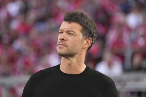 Former Bayern player Michael Ballack at the stadium before the German Bundesliga soccer match between FC Bayern Munich and VfL Wolfsburg in Munich, Germany, Sunday, Aug. 14, 2022. (AP PhotoMatthias Schrader)