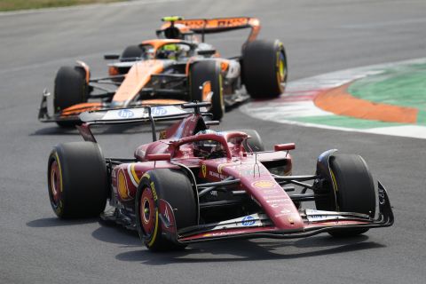 Ferrari driver Charles Leclerc of Monaco steers his car during the Formula One Italian Grand Prix race at the Monza racetrack, in Monza, Italy, Sunday, Sept. 1, 2024. (AP Photo/Luca Bruno)