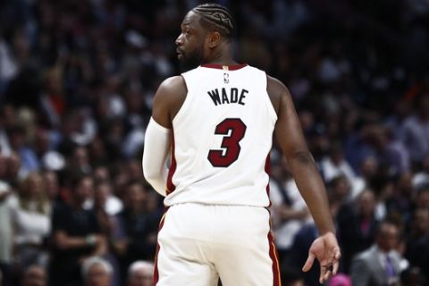 Miami Heat guard Dwyane Wade (3) in action during an NBA basketball game against the Philadelphia 76ers on Tuesday, April 9, 2019, in Miami. (AP Photo/Brynn Anderson)