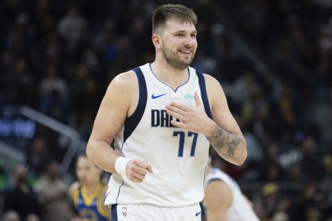 Dallas Mavericks forward Luka Doncic gestures during the second half of an NBA basketball game against the Golden State Warriors Sunday, Dec. 15, 2024, in San Francisco. (AP Photo/Benjamin Fanjoy)