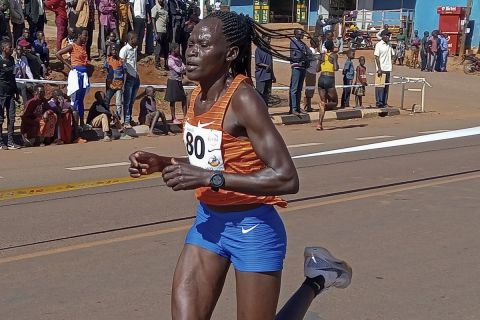 FILE -Rebecca Cheptegei, competes at the Discovery 10km road race in Kapchorwa, Uganda, Jan. 20, 2023. (AP Photo, File)