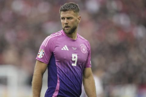 Germany's Niclas Fuellkrug looks on during a Group A match between Germany and Hungary at the Euro 2024 soccer tournament in Stuttgart, Germany, Wednesday, June 19, 2024. (AP Photo/Matthias Schrader)