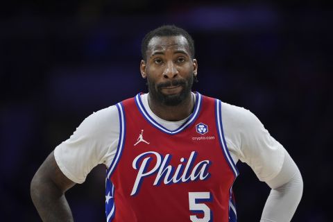 Philadelphia 76ers' Andre Drummond plays during an NBA basketball game, Friday, Dec. 6, 2024, in Philadelphia. (AP Photo/Matt Slocum)