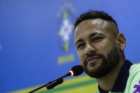 Brazil's Neymar attends a press conference before a training session, in Belém, Brazil, Thursday, Sept. 7, 2023. Brazil and Bolivia will compete on Sept. 8 in a South American World Cup qualifiers match. (AP Photo/Bruna Prado)