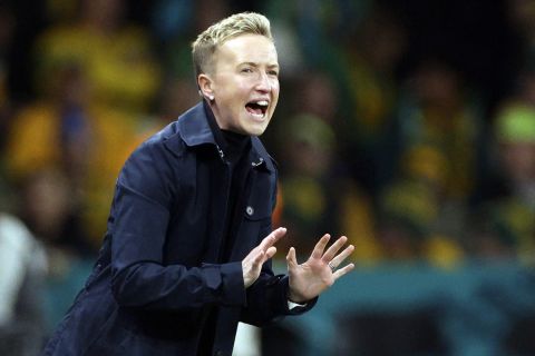 FILE - Canada's head coach Bev Priestman gestures during the Women's World Cup Group B soccer match between Australia and Canada in Melbourne, Australia, Monday, July 31, 2023. FIFA deducted six points from Canada in the Paris Olympics womens soccer tournament and banned three coaches, including Priestman, for one year each on Saturday, July 27, 2204, in a drone spying scandal. (AP Photo/Hamish Blair, File)
