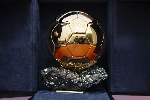 The Ballon d'Or award in Boulogne-Billancourt, outside Paris, Friday, July 17, 2020. The prestigious Ballon dOr will not be awarded this year because the coronavirus pandemic has disrupted the soccer season. Awarded by France Football magazine, the Ballon dOr has been given out every year since Stanley Matthews won the first one in 1956. Lionel Messi has won it a record six times  one more than longtime rival Cristiano Ronaldo. (AP Photo/Kamil Zihnioglu)