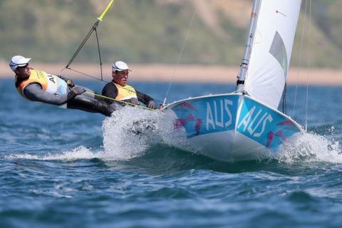 WEYMOUTH, ENGLAND - AUGUST 06:  Mathew Belcher and Malcolm Page of Australia compete in the Men's 470 Sailing on Day 10 of the London 2012 Olympic Games at the Weymouth & Portland Venue at Weymouth Harbour on August 6, 2012 in Weymouth, England.  (Photo by Clive Mason/Getty Images)