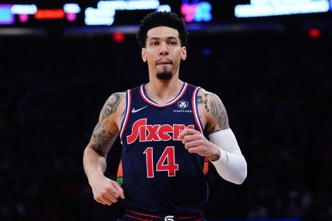 Philadelphia 76ers' Danny Green (14) during the first half of an NBA basketball game against the New York Knicks Monday, Feb. 28, 2022, in New York. (AP Photo/Frank Franklin II)