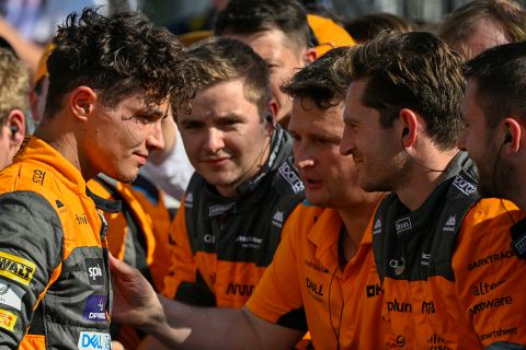 Second placed British Formula One driver Lando Norris of McLaren F1 Team, left, celebrates with his team after the Formula One Hungarian Grand Prix auto race, at the Hungaroring racetrack in Mogyorod, near Budapest, Hungary, Sunday, July 23, 2023. (AP Photo/Denes Erdos)