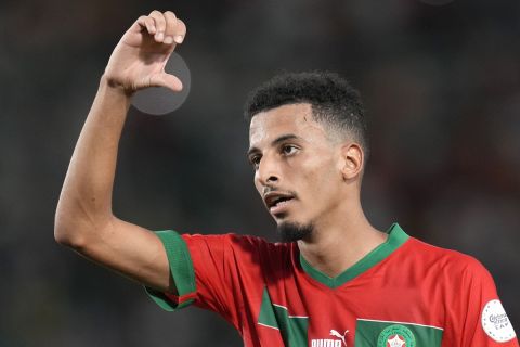 Morocco's Azzedine Ounahi celebrates after scoring his side's second goal during the African Cup of Nations Group F soccer match between Morocco and Tanzania at the Laurent Pokou stadium in San Pedro, Ivory Coast, Wednesday, Jan. 17, 2024. (AP Photo/Themba Hadebe)