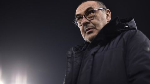 Juventus head coach Maurizio Sarri looks on before the Italian Cup soccer match between Juventus and Udinese, at the Allianz Stadium in Turin, Italy, Wednesday, Jan. 15, 2020. (Fabio Ferrari/LaPress via AP)