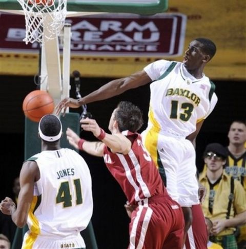 Baylor's Ekpe Udoh, right, blocks the shot of Cade Davis, center, in the first half of a NCAA college basketball game Saturday,  Jan. 9, 2010 in Waco, Texas.  Looking on for Baylor is Anthony Jones, left.  (AP Photo/Waco Tribune Herald, Rod Aydelotte)