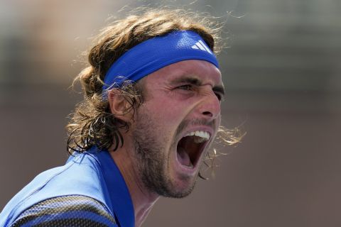 Stefanos Tsitsipas, of Greece, reacts during a match against Dominic Stricker, of Switzerland, during the second round of the U.S. Open tennis championships, Wednesday, Aug. 30, 2023, in New York. (AP Photo/Manu Fernandez)