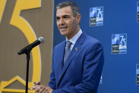 Spain's Prime Minister Pedro Sanchez speaks during his arrival at the NATO summit on Wednesday, July 10, 2024, in Washington. (AP Photo/Matt Rourke).