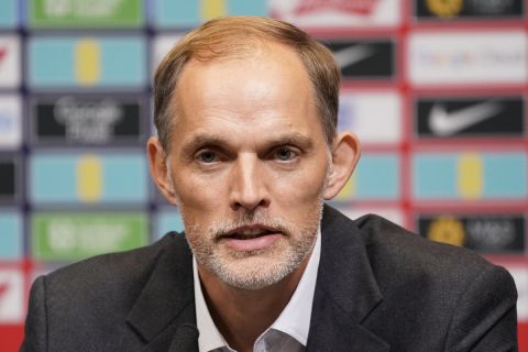 The newly appointed England men's soccer team manager Thomas Tuchel speaks during a press conference held at Wembley Stadium in London, Wednesday, Oct. 16, 2024. (AP Photo/Alberto Pezzali)