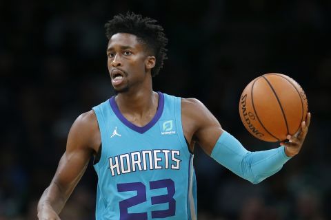 Charlotte Hornets' Kobi Simmons plays against the Boston Celtics during the second half of a preseason NBA basketball game in Boston, Sunday, Oct. 6, 2019. (AP Photo/Michael Dwyer)