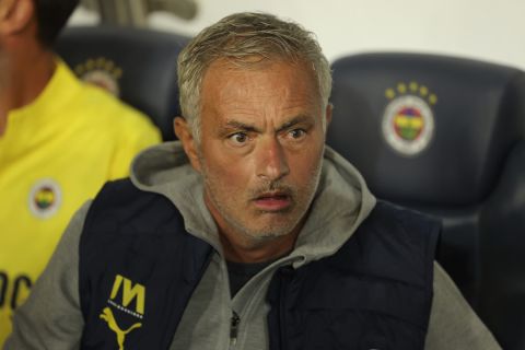 Fenerbahce's head coach Jose Mourinho reacts prior to the Europa League opening phase soccer match between Fenerbahce and Union SG at the Sukru Saracoglu stadium in Istanbul, Turkey, Thursday, Sept. 26, 2024. (AP Photo)