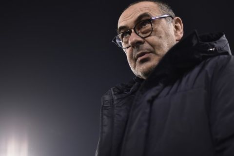 Juventus head coach Maurizio Sarri looks on before the Italian Cup soccer match between Juventus and Udinese, at the Allianz Stadium in Turin, Italy, Wednesday, Jan. 15, 2020. (Fabio Ferrari/LaPress via AP)