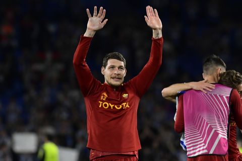 Roma's Andrea Belotti celebrates after the Europa League round of 16 second leg soccer match between Real Sociedad and Roma at the Reale Arena in San Sebastian, Spain, Thursday, March 16, 2023. (AP Photo/Alvaro Barrientos)