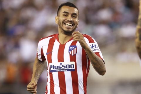 Atletico Madrid forward Angel Correa celebrates after scoring a goal during the first half of an International Champions Cup soccer match against Real Madrid, Friday, July 26, 2019, in East Rutherford, N.J. Atletico Madrid won 7-3. (AP Photo/Steve Luciano)