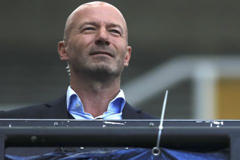 FILE - TV soccer pundits and former soccer players Alan Shearer, left, and Gary Lineker watch the FA Cup sixth round soccer match between Newcastle United and Manchester City at St. James' Park in Newcastle, England, Sunday, June 28, 2020. (Shaun Botterill/Pool via AP, File)