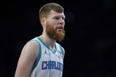 Charlotte Hornets' Davis Bertans plays during an NBA basketball game, Friday, March 1, 2024, in Philadelphia. (AP Photo/Matt Slocum)