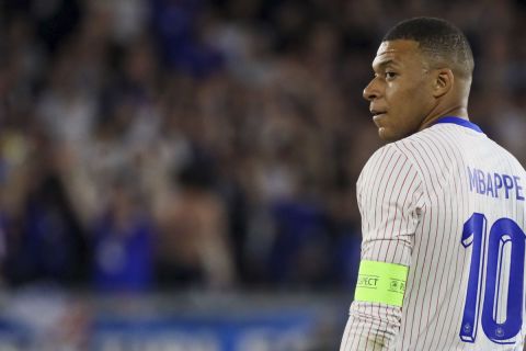 France's Kylian Mbappe reacts during the international friendly soccer match between France and Canada at the Matmut Atlantique stadium in Bordeaux, southwestern France, Sunday, June 9, 2024. (AP Photo/Yohan Bonnet)