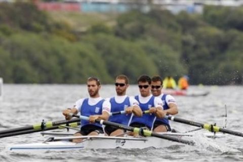 From left: Greece's Apostolos Gkountoulas, Nikolaos Gkountoulas, loannis Tsilis, and Stergios Papachristos compete in the Men's Four repechage 1 race, at the World Rowing Championships on Lake Karapiro, Cambridge, Waikato, New Zealand, Wednesday, Nov. 3, 2010.(AP Photo/NZPA, Wayne Drought) **NEW ZEALAND OUT**