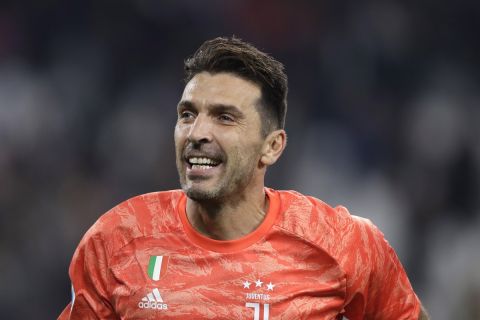 FILE -- In this Oct.19, 2019 file photo Juventus' goalkeeper Gianluigi Buffon celebrates at the end of a Serie A soccer match between Juventus and Bologna, at the Allianz stadium in Turin, Italy.  Buffon rejoined Serie B club Parma on Thursday, June 17, 2021, more than a quarter century after beginning his legendary Serie A career with the club. (AP Photo/Luca Bruno)