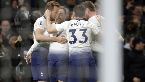 Tottenham players celebrate after Son Heung-Min scored the opening goal during the English Premier League soccer match betweenTottenham Hotspur and Crystal Palace, the first Premiership match at the new Tottenham Hotspur stadium in London, Wednesday, April 3, 2019. (AP Photo/Kirsty Wigglesworth)