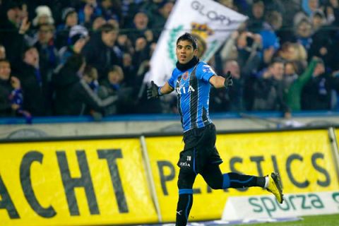 20110129 - BRUGGE, BELGIUM:  Club's Ronald Vargas celebrates after scoring the 1-0 goal during the Jupiler Pro League match between Club Brugge and Germinal Beerschot, in Brugge, Saturday 29 January 2011, on the 24th day of Belgian soccer championship. BELGA PHOTO BRUNO FAHY