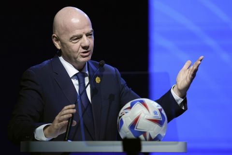 FILE - FIFA President Ganni Infantino addresses the 78th Conmebol Congress in Luque, Paraguay, Thursday, April 11, 2024. FIFA has been told to reschedule its inaugural expanded Club World Cup just over a year before the tournament is due to be hosted by America. (AP Photo/Jorge Saenz, File)