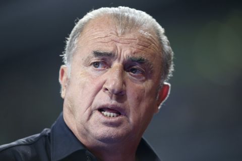 Galatasaray head coach Fatih Terim gives an interview before the Champions League second qualifying round, second leg, soccer match between Galatasaray and PSV in Istanbul, Turkey, Wednesday, July 28, 2021. (AP Photo)