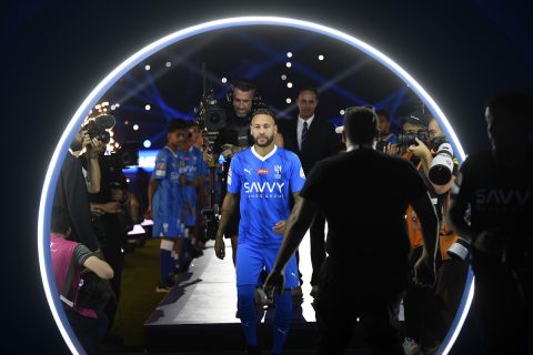 Brazilian national team's historical top scorer and the star of Paris Saint-Germain, Neymar Jr. attends the official unveiling as a new member of Saudi Al Hilal club at King Fahd Stadium in Riyadh, Saudi Arabia, Saturday, Aug. 19, 2023. Al Hilal club reached an agreement on the transfer of the Brazil forward for a reported 90 million euros ($98 million), a record for a league that is now financially backed by the oil-rich state. (AP Photo)