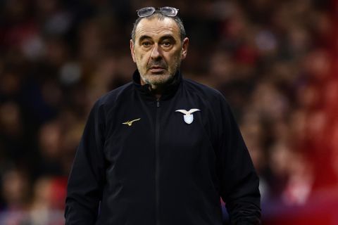 Lazio's head coach Maurizio Sarri watches the play during a Group E Champions League soccer match between Atletico Madrid and Lazio at the Metropolitano stadium in Madrid, Spain, Wednesday, Dec. 13, 2023. (AP Photo/Pablo Garcia)