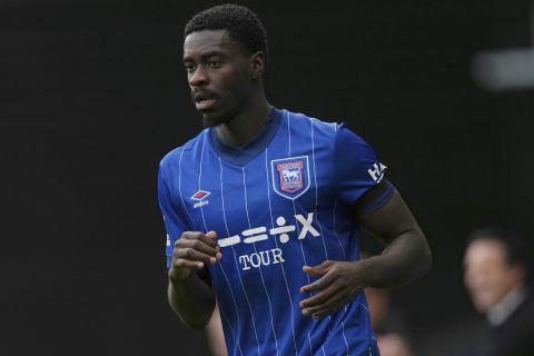 Ipswich Town's Axel Tuanzebe runs into position during the English Premier League soccer match between Ipswich Town and Aston Villa, at Portman Road stadium in Ipswich, England, Sunday, Sept. 29, 2024. (AP Photo/Dave Shopland)