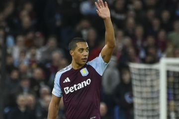 Aston Villa's Youri Tielemans gestures during the Champions League opening phase soccer match between Aston Villa and Bayern Munich, at Villa Park in Birmingham, England, Wednesday, Oct. 2, 2024. (AP Photo/Rui Vieira)