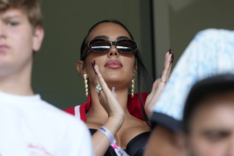 Georgina Rodriguez, wife of Portugal's Cristiano Ronaldo, applauds on the stands before the start of a Group F match between Turkey and Portugal at the Euro 2024 soccer tournament in Dortmund, Germany, Saturday, June 22, 2024. (AP Photo/Michael Probst)