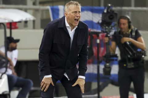 Ireland coach Heimir Hallgrimsson reacts during a Nations League soccer match between Greece and Ireland at the Georgios Karaiskakis Stadium in Piraeus port, near Athens, Sunday, Oct. 13, 2024. (AP Photo/Yorgos Karahalis)