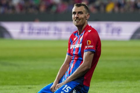 Plzen's Tomas Chory reacts after missing a chance to score during the Europa Conference League quarter final first leg soccer match between Viktoria Plzen and Fiorentina at the Doosan Arena in Plzen, Czech Republic, Thursday, April 11, 2024. (AP Photo/Petr David Josek)