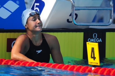 Greece's Theodora Drakou reacts after the women's 50m freestyle qualifications at the European Swimming Championships in Budapest on August 14, 2010.  AFP PHOTO / DANIEL MIHAILESCU (Photo credit should read DANIEL MIHAILESCU/AFP/Getty Images)