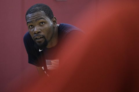 Kevin Durant takes part in a training camp for USA basketball, Thursday, July 26, 2018, in Las Vegas. (AP Photo/John Locher)